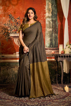 Monjolika Fashion Coffee Brown Cotton Blend Saree with Contrast Pallu & Unstiched Blouse Piece | Grocsy