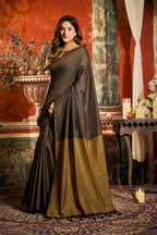 Monjolika Fashion Coffee Brown Cotton Blend Saree with Contrast Pallu & Unstiched Blouse Piece | Grocsy