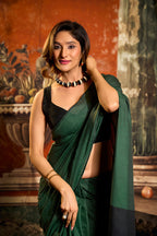 Monjolika Fashion Dark Green Cotton Blend Saree with Contrast Pallu & Unstiched Blouse Piece | Grocsy