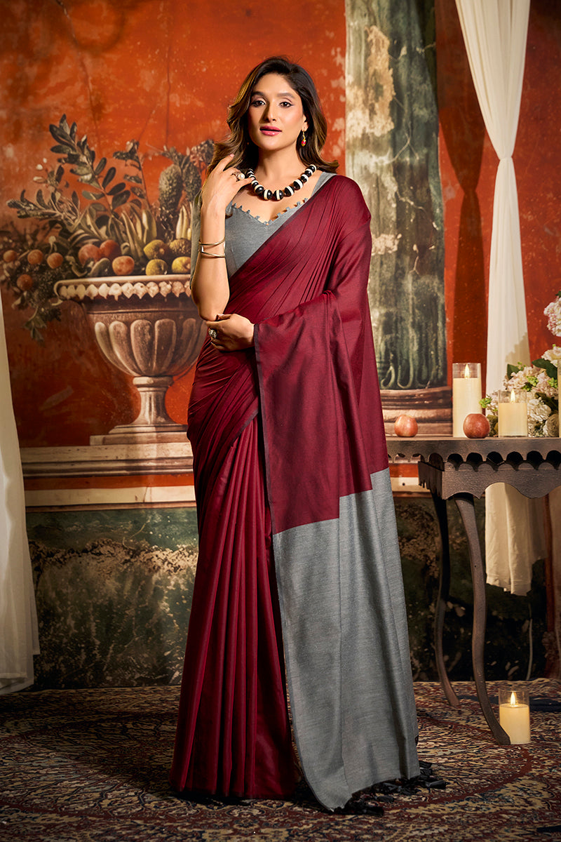 Monjolika Fashion Maroon Cotton Blend Saree with Contrast Pallu & Unstiched Blouse Piece | Grocsy