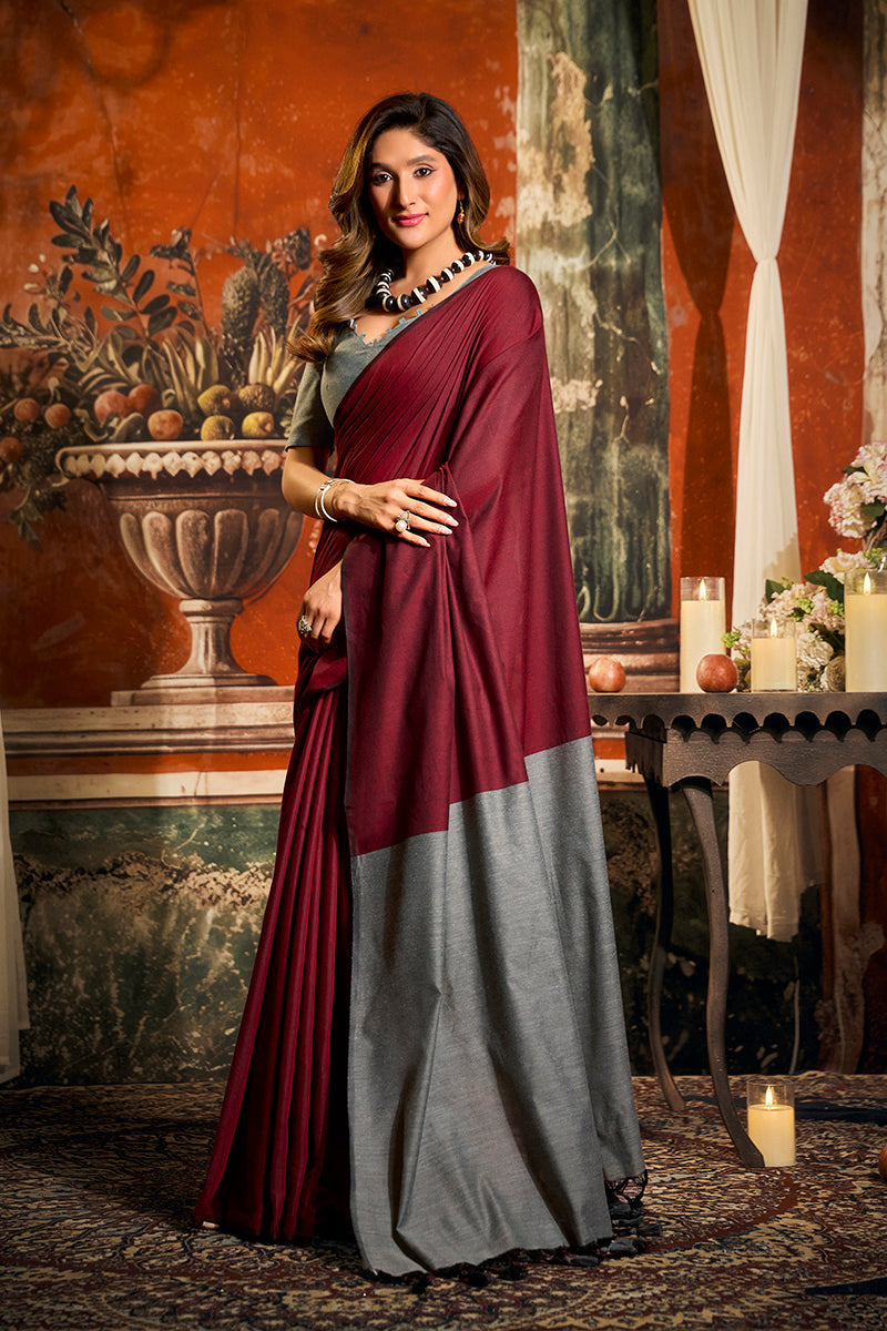 Monjolika Fashion Maroon Cotton Blend Saree with Contrast Pallu & Unstiched Blouse Piece | Grocsy