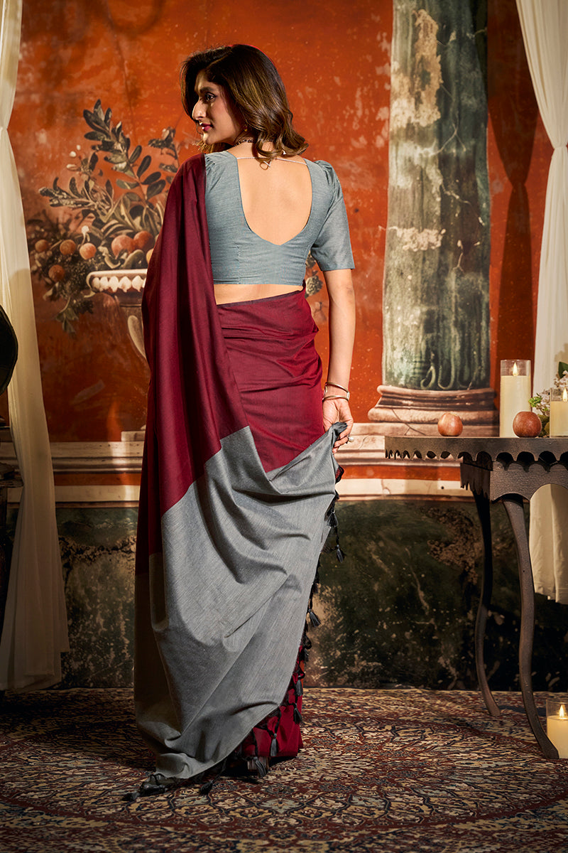 Monjolika Fashion Maroon Cotton Blend Saree with Contrast Pallu & Unstiched Blouse Piece | Grocsy