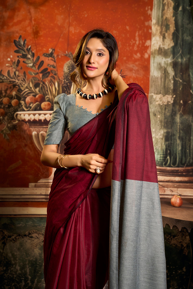 Monjolika Fashion Maroon Cotton Blend Saree with Contrast Pallu & Unstiched Blouse Piece | Grocsy