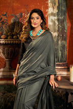 Monjolika Fashion Grey Cotton Blend Saree with Contrast Pallu & Unstiched Blouse Piece | Grocsy