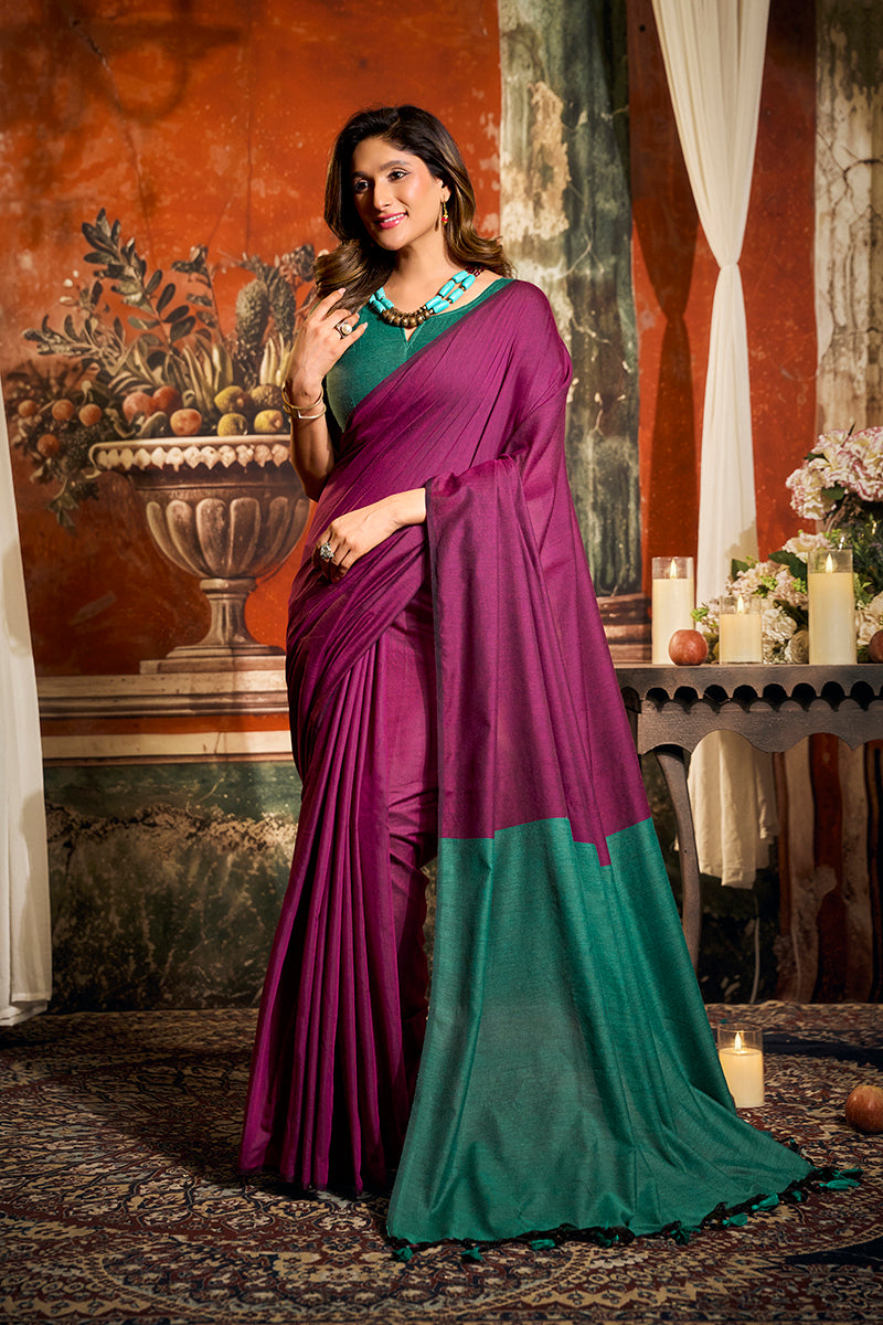 Monjolika Fashion Magenta Cotton Blend Saree with Contrast Pallu & Unstiched Blouse Piece | Grocsy