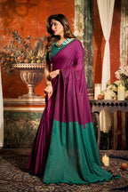 Monjolika Fashion Magenta Cotton Blend Saree with Contrast Pallu & Unstiched Blouse Piece | Grocsy