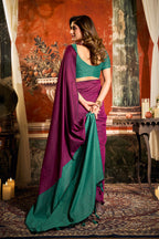 Monjolika Fashion Magenta Cotton Blend Saree with Contrast Pallu & Unstiched Blouse Piece | Grocsy
