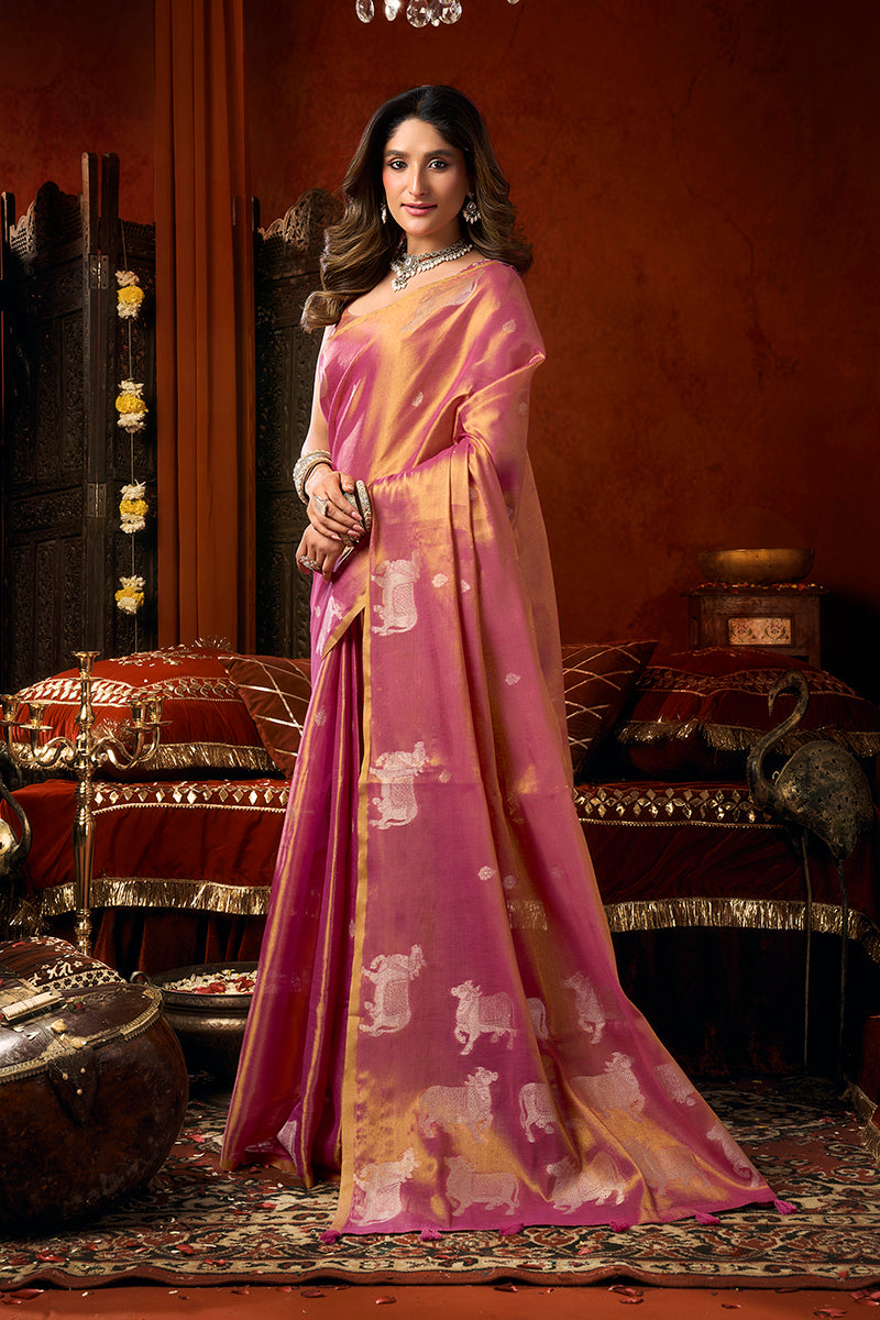 Monjolika Fashion Pink Tissue Silk Blend Saree With Cow Butta weaving work | Grocsy