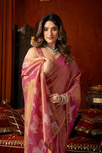 Monjolika Fashion Pink Tissue Silk Blend Saree With Cow Butta weaving work | Grocsy