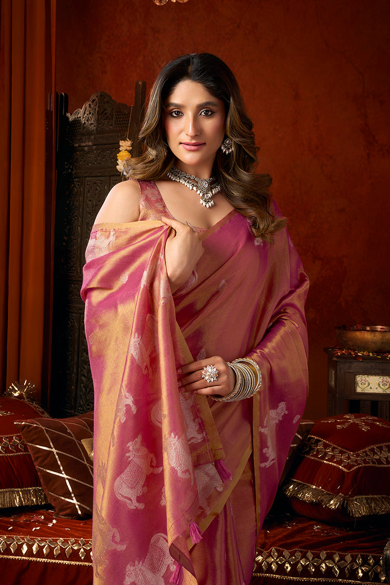 Monjolika Fashion Pink Tissue Silk Blend Saree With Cow Butta weaving work | Grocsy