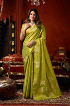 Monjolika Fashion Lime Green Tissue Silk Blend Saree With Cow Butta weaving work | Grocsy