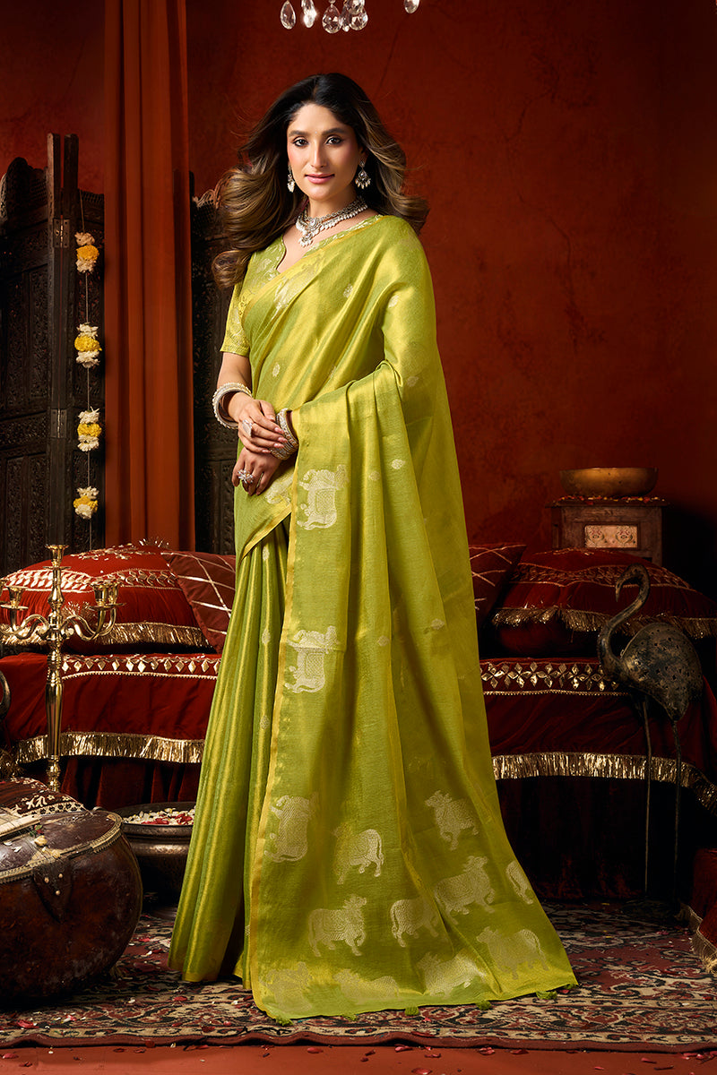 Monjolika Fashion Lime Green Tissue Silk Blend Saree With Cow Butta weaving work | Grocsy