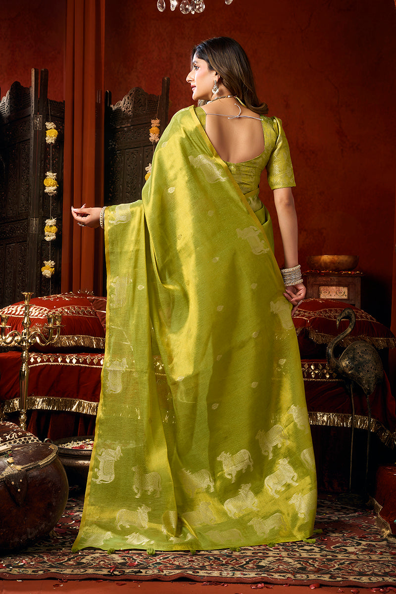 Monjolika Fashion Lime Green Tissue Silk Blend Saree With Cow Butta weaving work | Grocsy