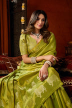 Monjolika Fashion Lime Green Tissue Silk Blend Saree With Cow Butta weaving work | Grocsy