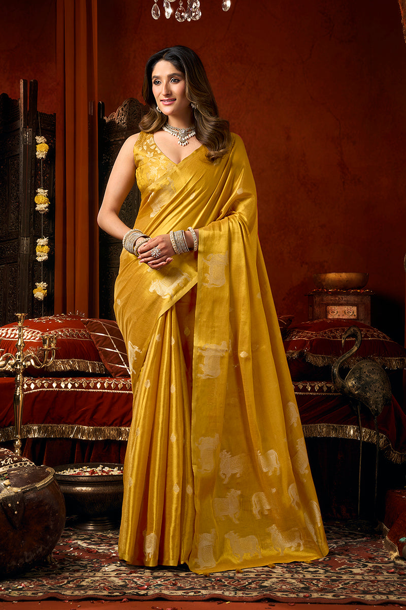 Monjolika Fashion Mustard Tissue Silk Blend Saree With Cow Butta weaving work | Grocsy