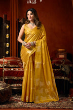 Monjolika Fashion Mustard Tissue Silk Blend Saree With Cow Butta weaving work | Grocsy