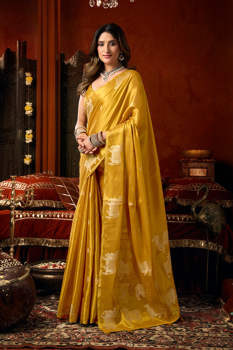 Monjolika Fashion Mustard Tissue Silk Blend Saree With Cow Butta weaving work | Grocsy