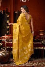 Monjolika Fashion Mustard Tissue Silk Blend Saree With Cow Butta weaving work | Grocsy