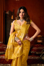 Monjolika Fashion Mustard Tissue Silk Blend Saree With Cow Butta weaving work | Grocsy