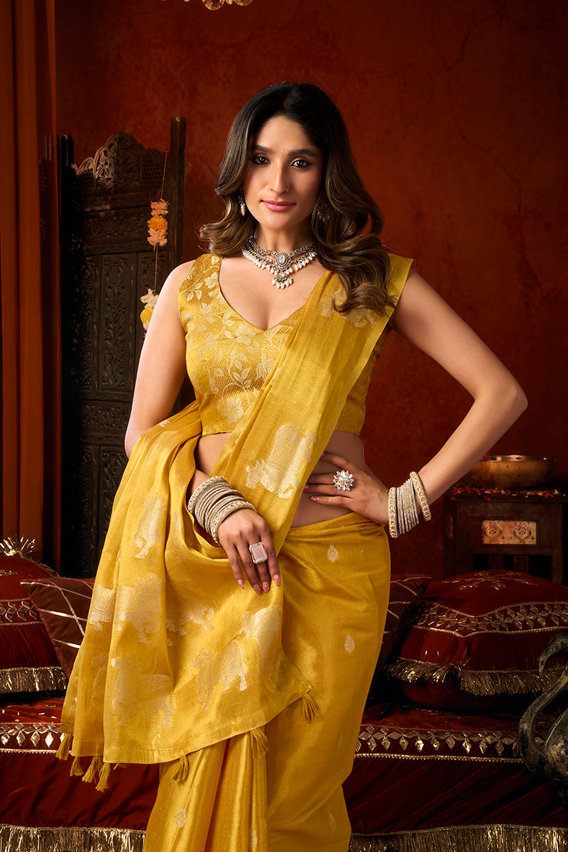Monjolika Fashion Mustard Tissue Silk Blend Saree With Cow Butta weaving work | Grocsy