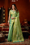 Monjolika Fashion Sea Green Tissue Silk Blend Saree With Cow Butta weaving work | Grocsy