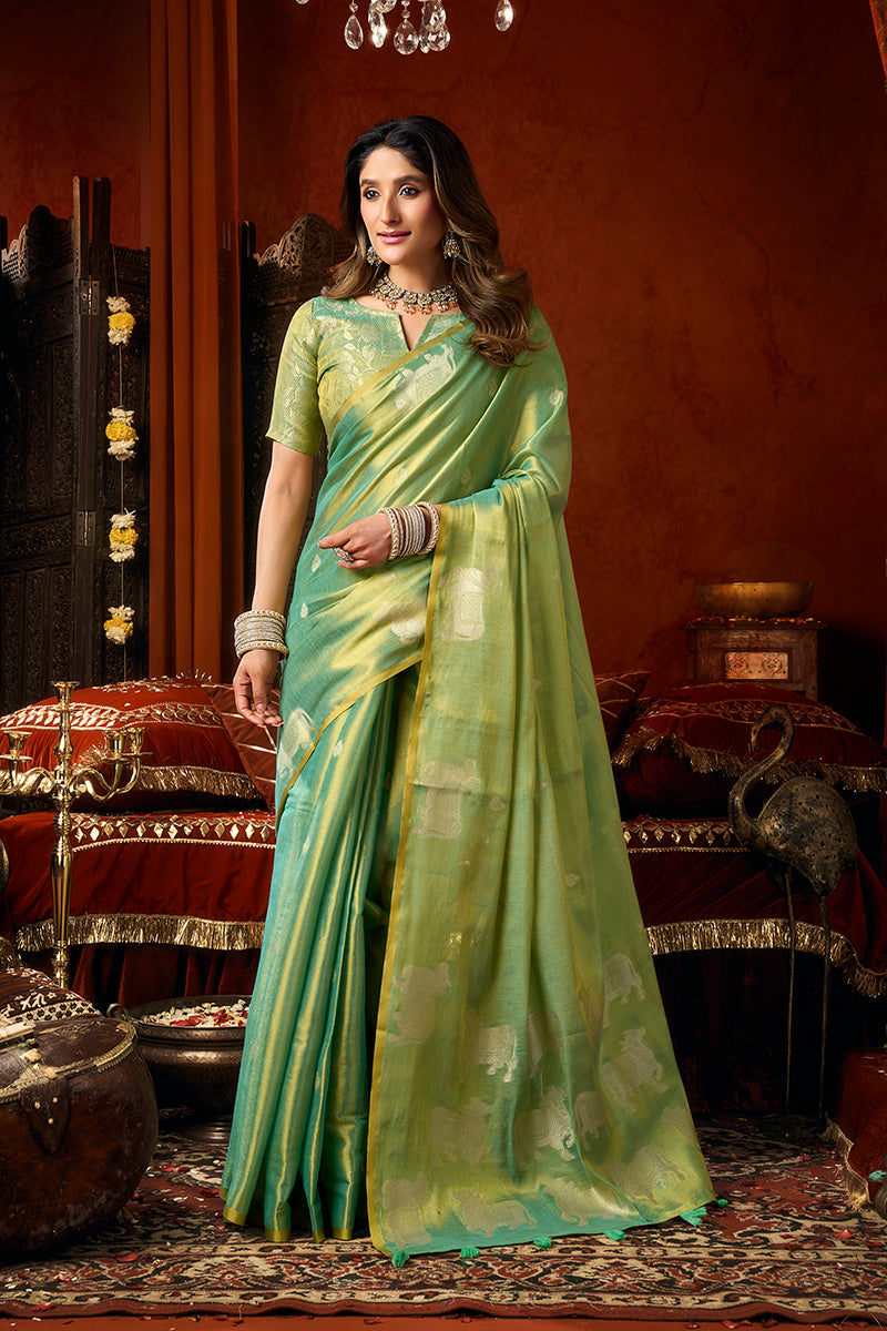 Monjolika Fashion Sea Green Tissue Silk Blend Saree With Cow Butta weaving work | Grocsy