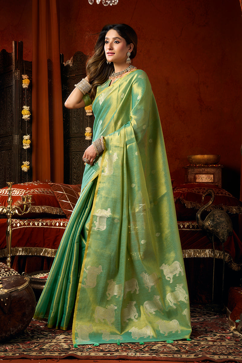Monjolika Fashion Sea Green Tissue Silk Blend Saree With Cow Butta weaving work | Grocsy
