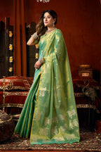 Monjolika Fashion Sea Green Tissue Silk Blend Saree With Cow Butta weaving work | Grocsy