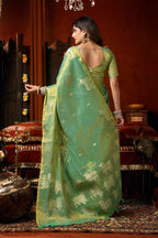 Monjolika Fashion Sea Green Tissue Silk Blend Saree With Cow Butta weaving work | Grocsy
