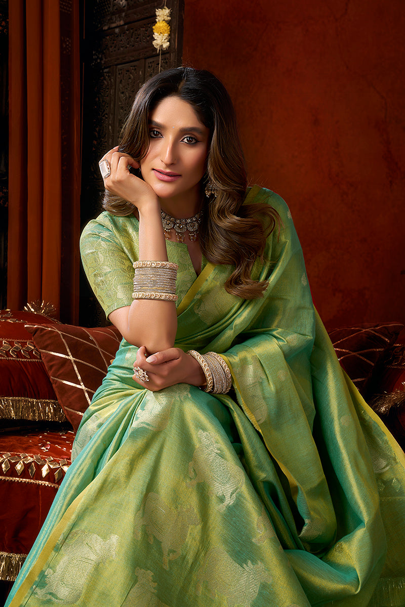 Monjolika Fashion Sea Green Tissue Silk Blend Saree With Cow Butta weaving work | Grocsy