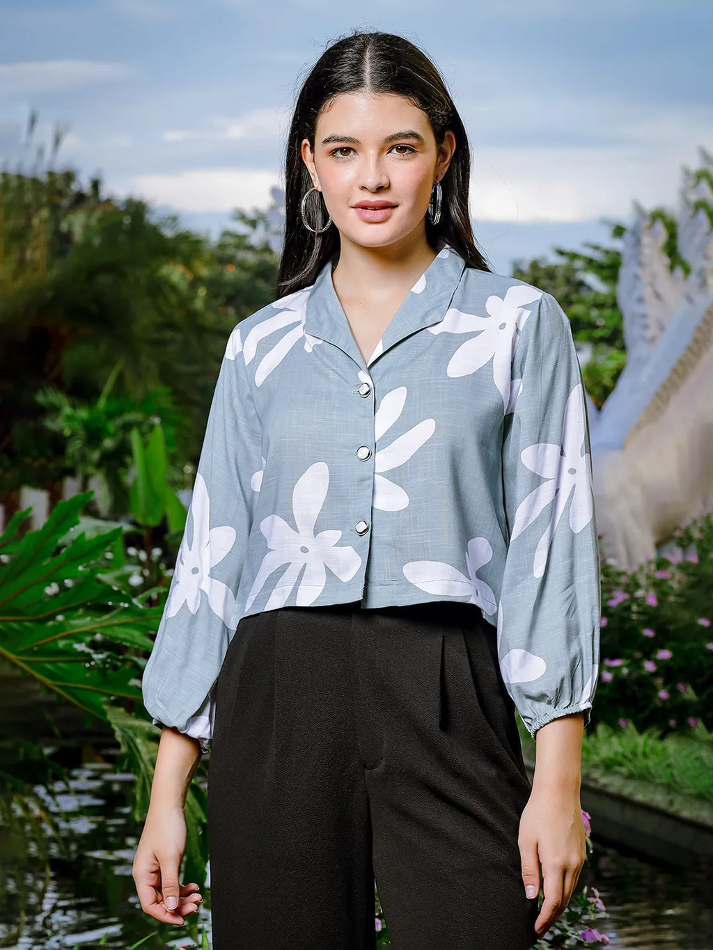 Yufta Green Cotton Linen Bishop Sleeve Shirt Style Top | Grocsy