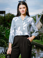 Yufta Green Cotton Linen Bishop Sleeve Shirt Style Top | Grocsy