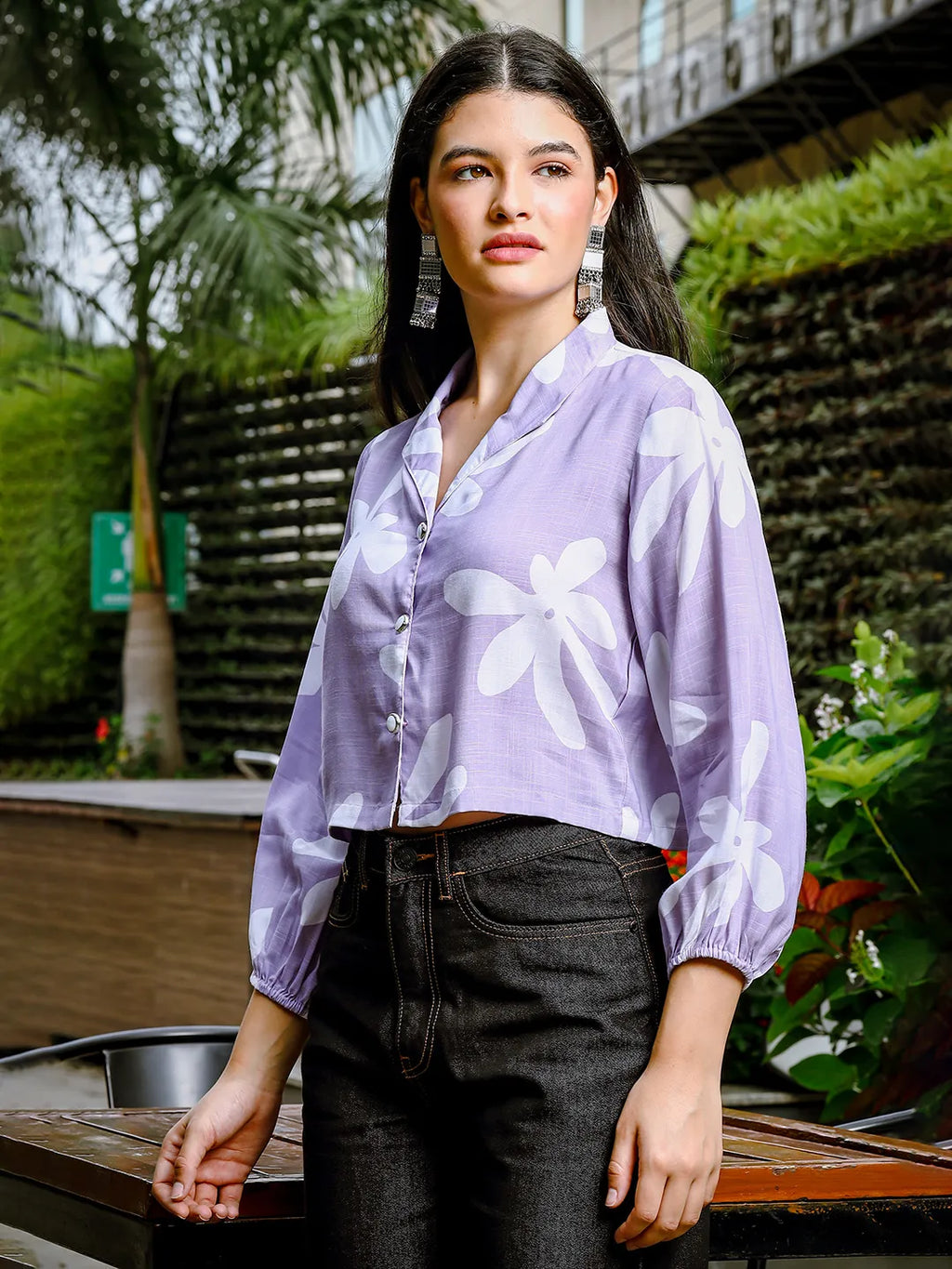Yufta Lavender Cotton Linen Bishop Sleeve Formal Shirt Style Top | Grocsy