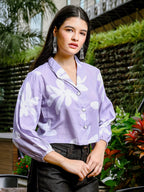 Yufta Lavender Cotton Linen Bishop Sleeve Formal Shirt Style Top | Grocsy