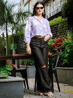 Yufta Lavender Cotton Linen Bishop Sleeve Formal Shirt Style Top | Grocsy