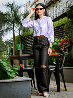 Yufta Lavender Cotton Linen Bishop Sleeve Formal Shirt Style Top | Grocsy