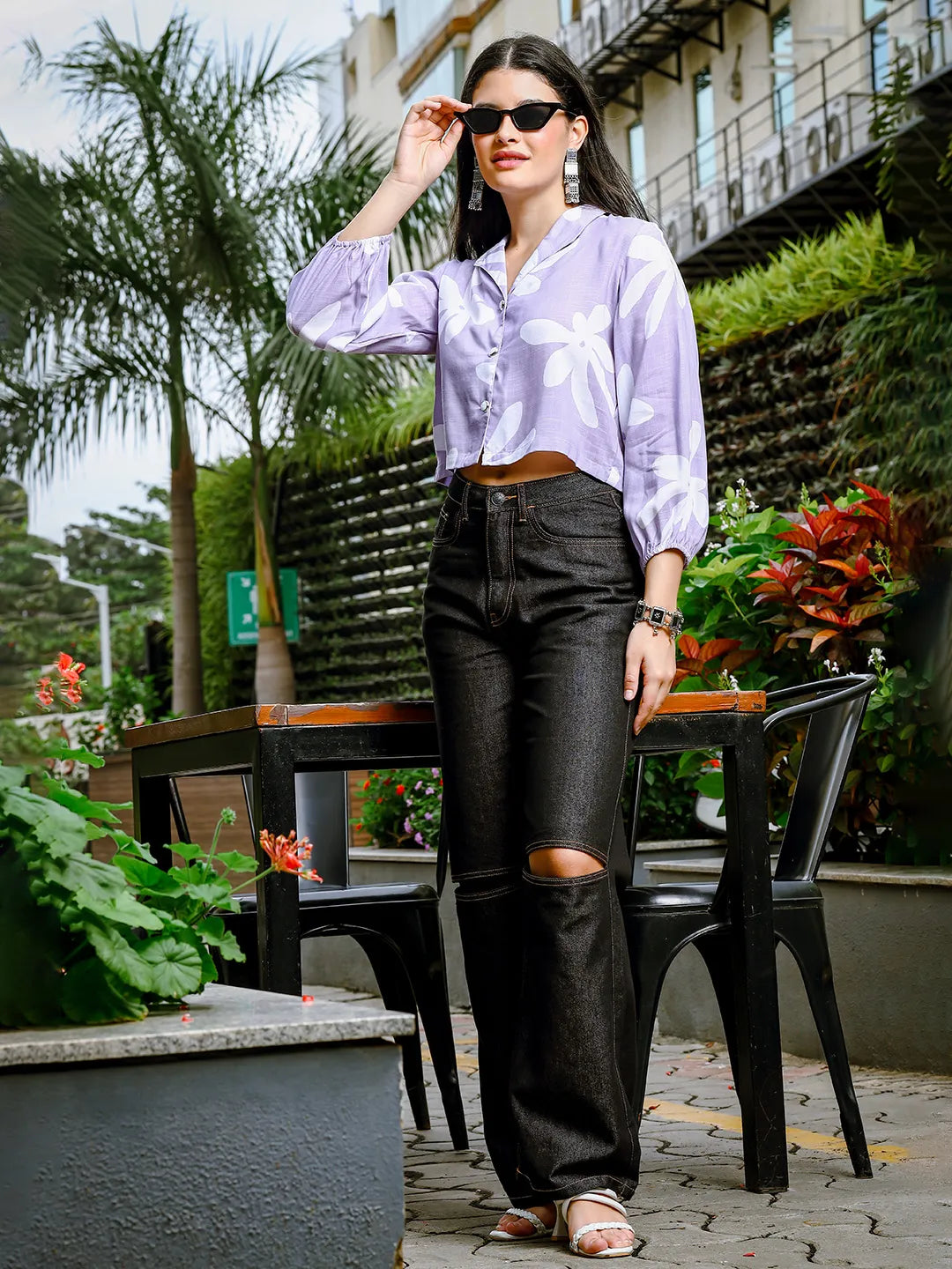 Yufta Lavender Cotton Linen Bishop Sleeve Formal Shirt Style Top | Grocsy
