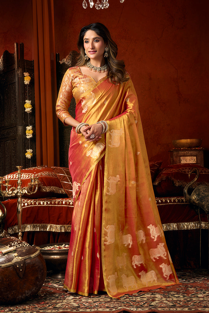 Monjolika Fashion Orange Tissue Silk Blend Saree With Cow Butta weaving work | Grocsy