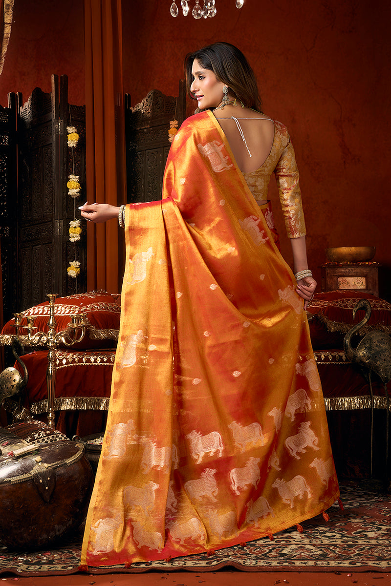 Monjolika Fashion Orange Tissue Silk Blend Saree With Cow Butta weaving work | Grocsy
