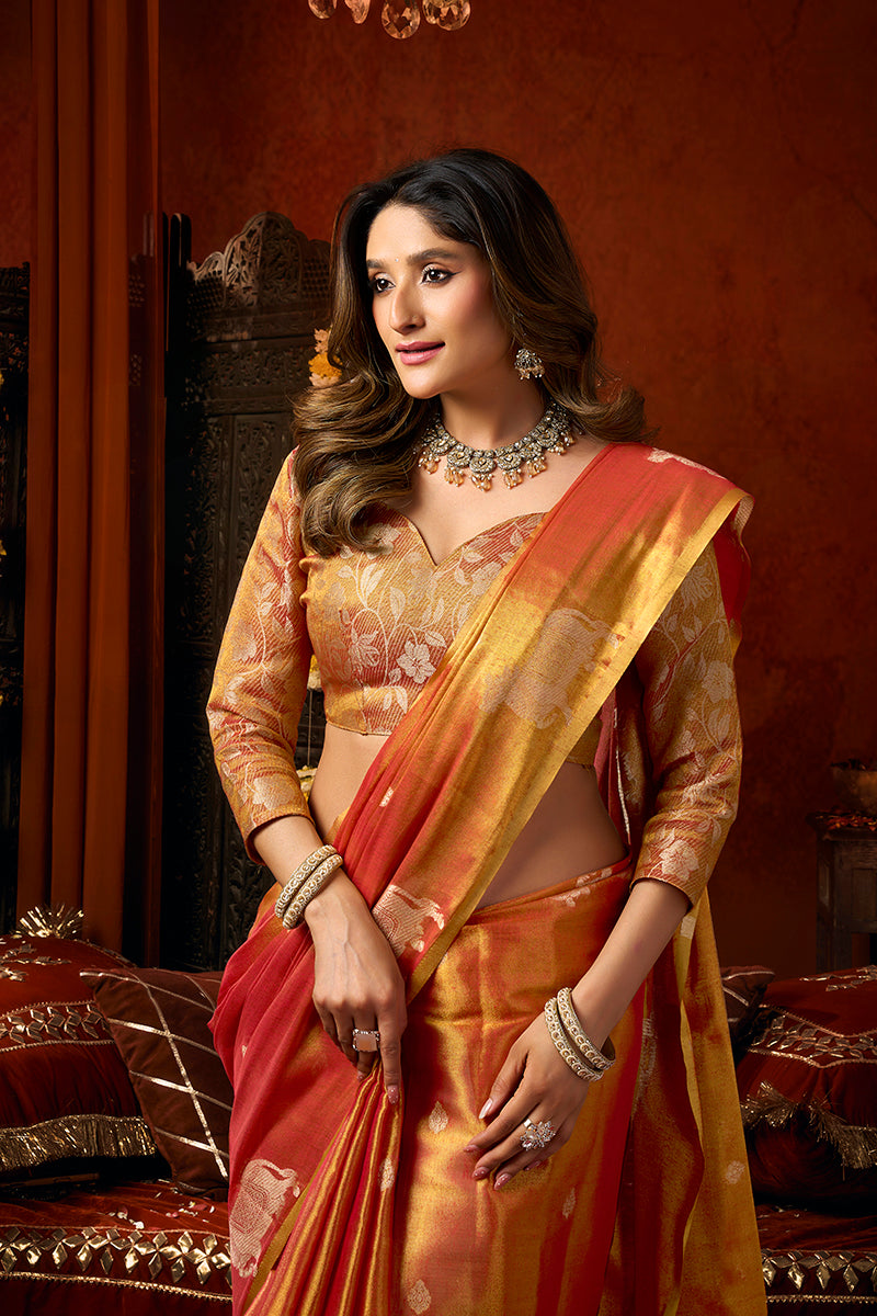 Monjolika Fashion Orange Tissue Silk Blend Saree With Cow Butta weaving work | Grocsy