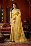 Monjolika Fashion Golden Yellow Tissue Silk Blend Saree With Cow Butta weaving work | Grocsy
