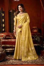 Monjolika Fashion Golden Yellow Tissue Silk Blend Saree With Cow Butta weaving work | Grocsy