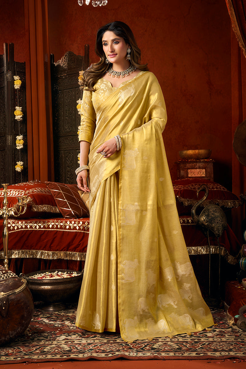 Monjolika Fashion Golden Yellow Tissue Silk Blend Saree With Cow Butta weaving work | Grocsy
