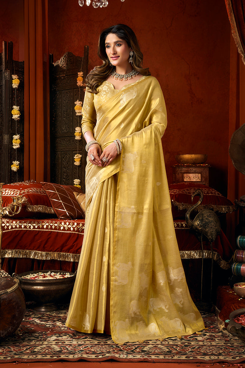 Monjolika Fashion Golden Yellow Tissue Silk Blend Saree With Cow Butta weaving work | Grocsy