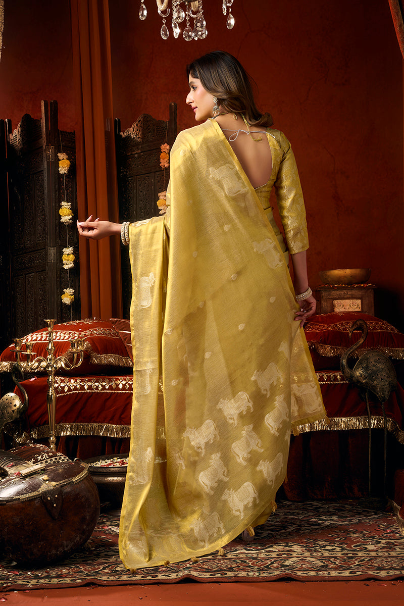 Monjolika Fashion Golden Yellow Tissue Silk Blend Saree With Cow Butta weaving work | Grocsy