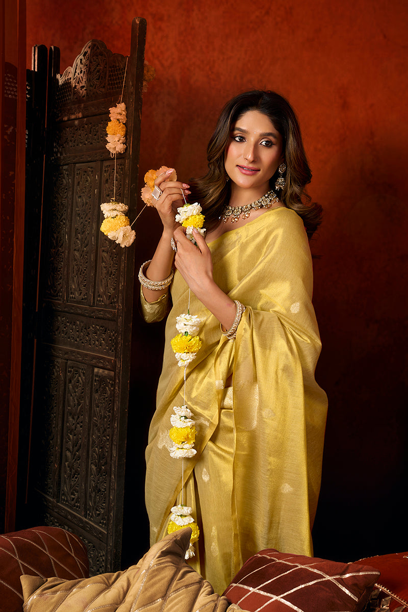 Monjolika Fashion Golden Yellow Tissue Silk Blend Saree With Cow Butta weaving work | Grocsy