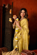 Monjolika Fashion Golden Yellow Tissue Silk Blend Saree With Cow Butta weaving work | Grocsy