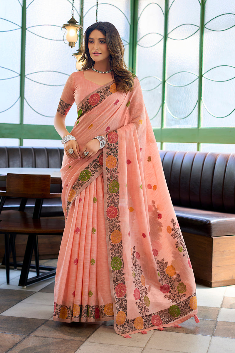 Monjolika Fashion Peach Floral Printed Linen Jacquard Saree with unstiched Blouse Piece | Grocsy