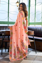 Monjolika Fashion Peach Floral Printed Linen Jacquard Saree with unstiched Blouse Piece | Grocsy