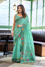 Monjolika Fashion Turquoise Floral Printed Linen Jacquard Saree with unstiched Blouse Piece | Grocsy